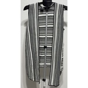 Mary Sophia Long Open Sleeveless Vest White Black Stripes Stretchy Size Medium